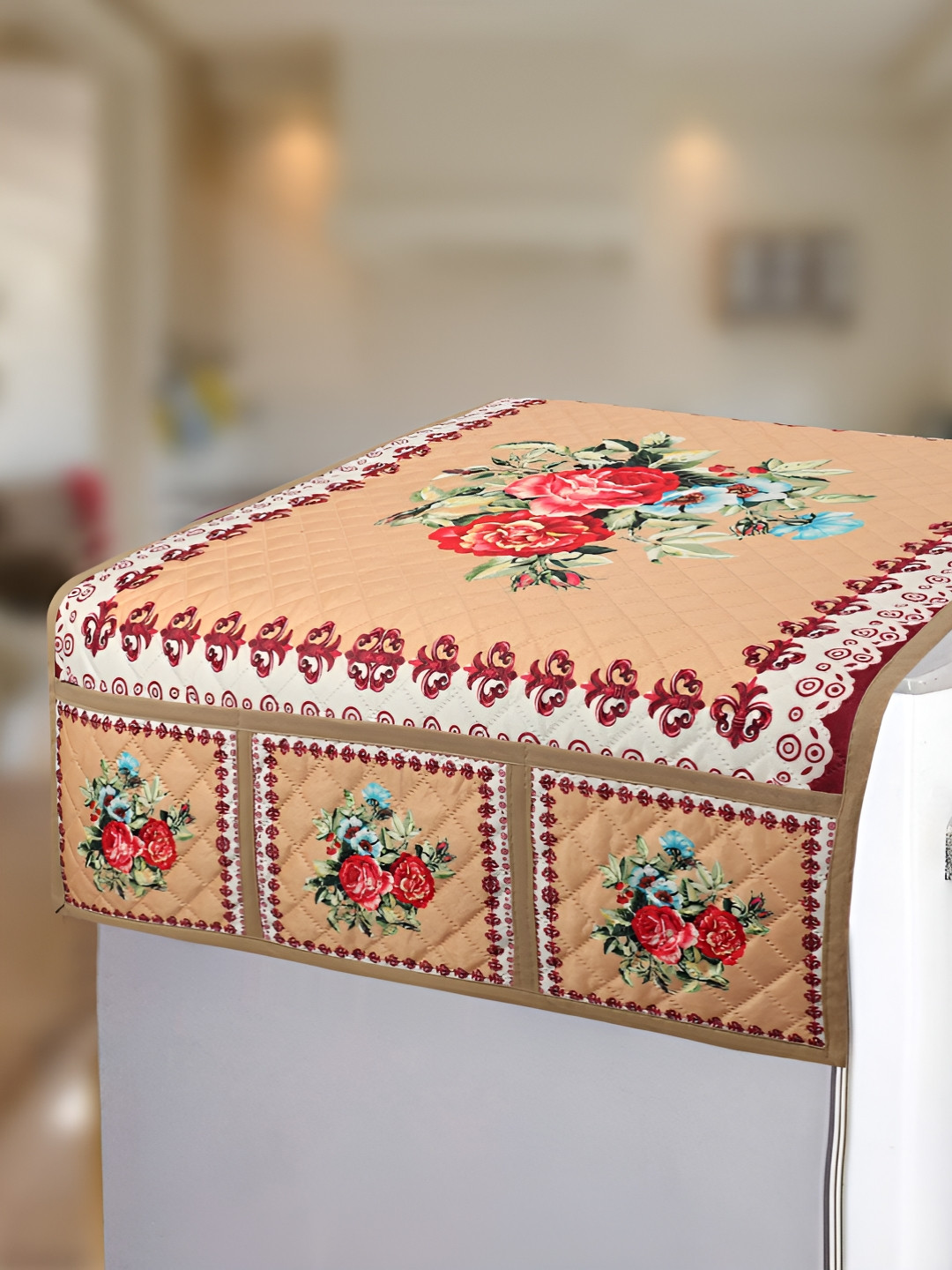 Dakshya Industries Beige & Red Printed Waterproof Refrigerator Covers