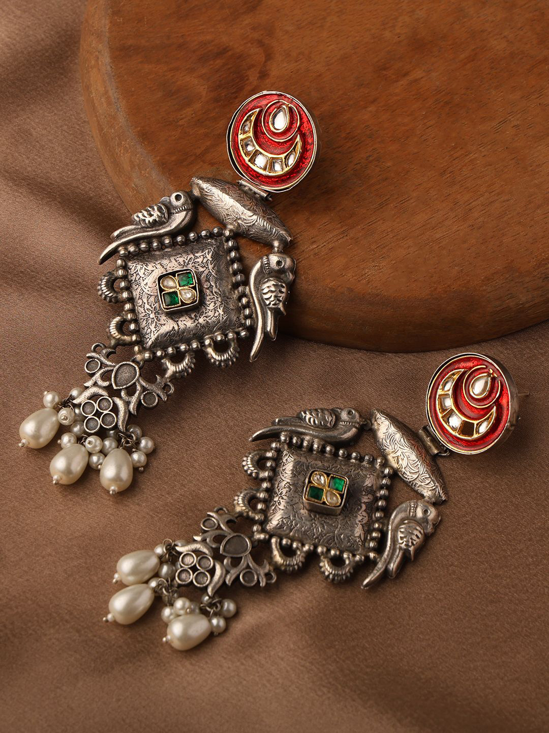 VENI 92.5 Silver Plated Oxidised Artificial Stones & Beads Square Drop Earrings