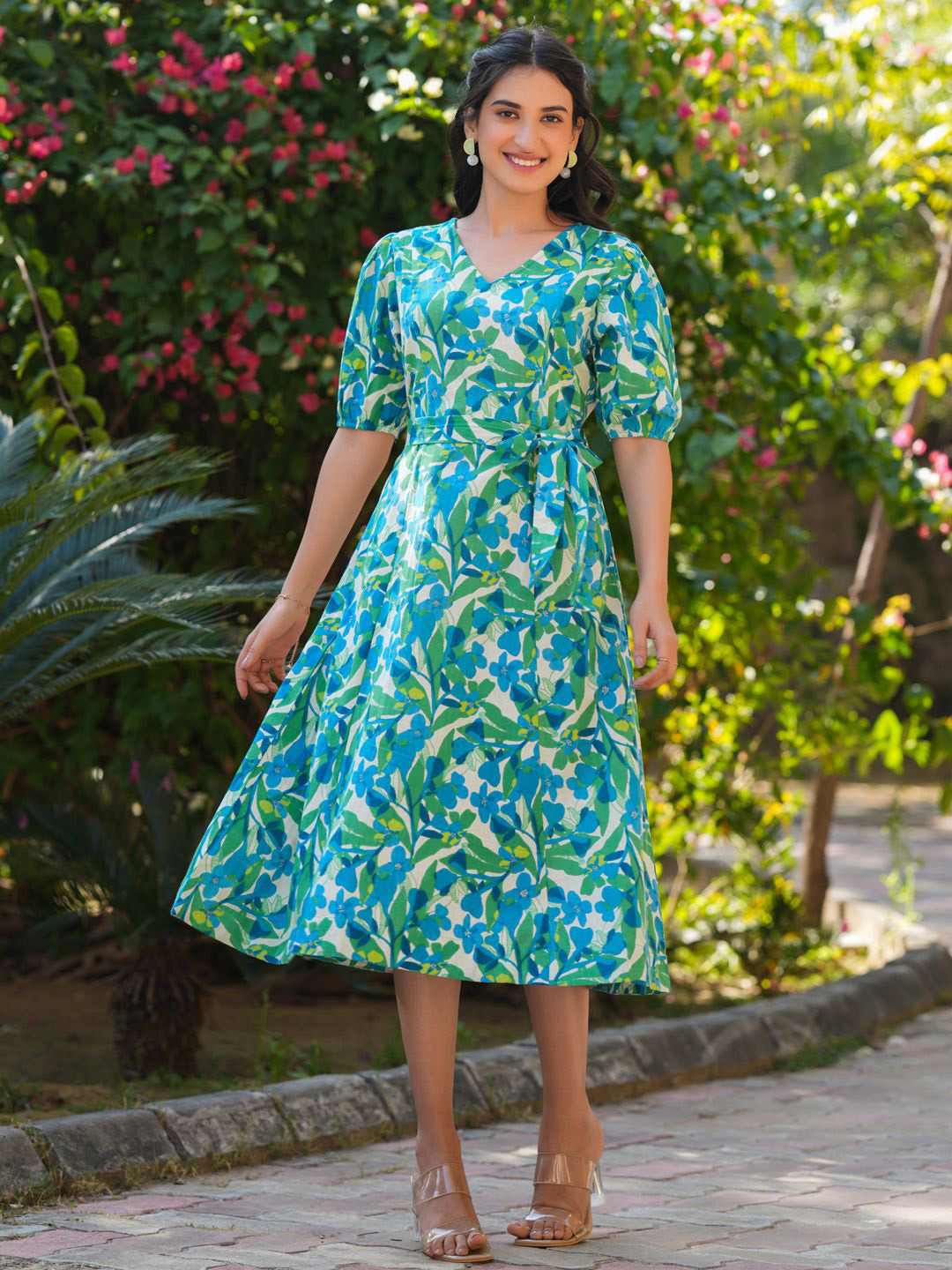 Janasya Women's Multicolor Linen Cotton Floral Printed Fit & Flare Dress