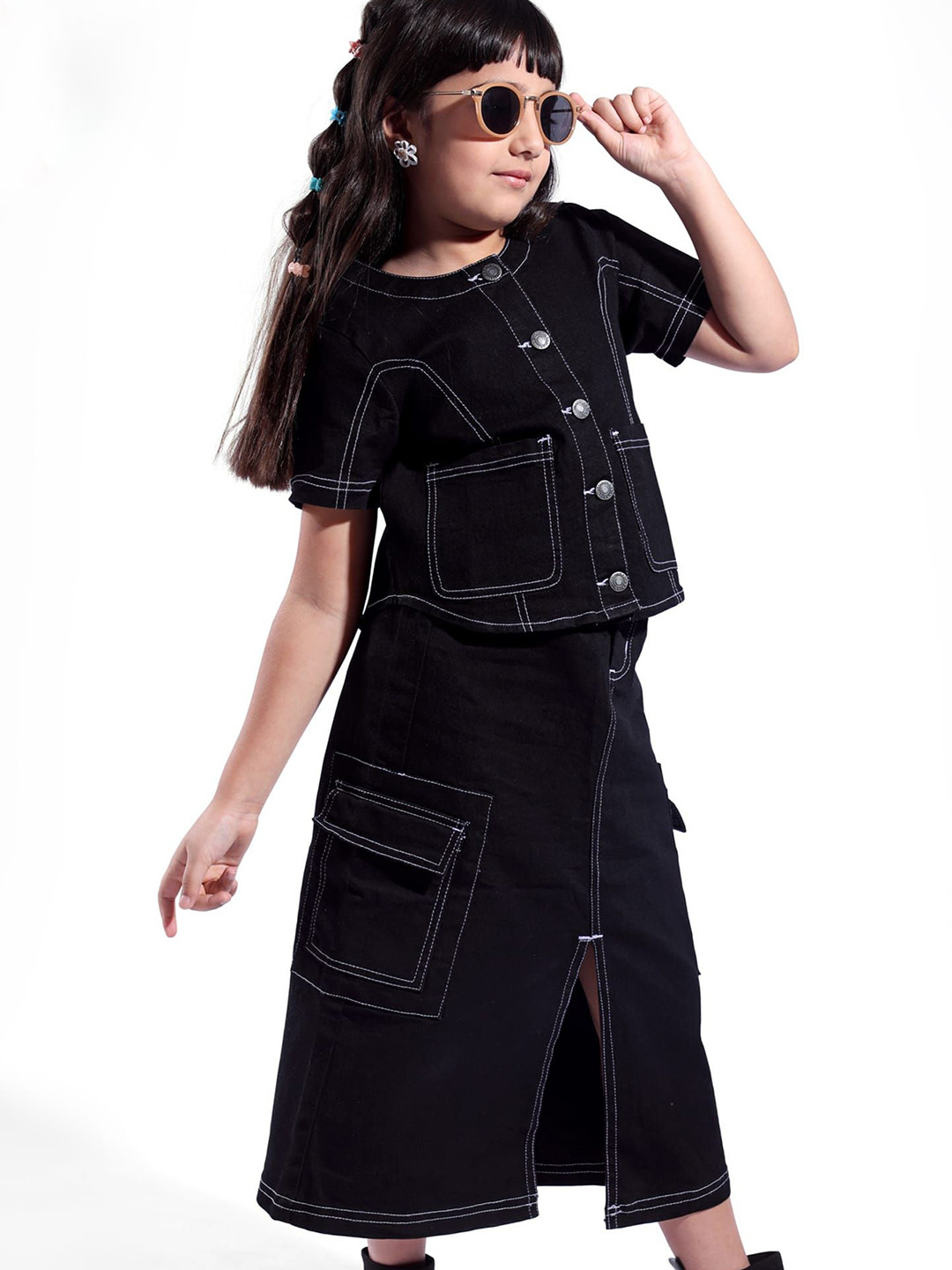 ARIAS By LARA DUTTA Girls Short Sleeves Pure Cotton Denim Top With Skirt