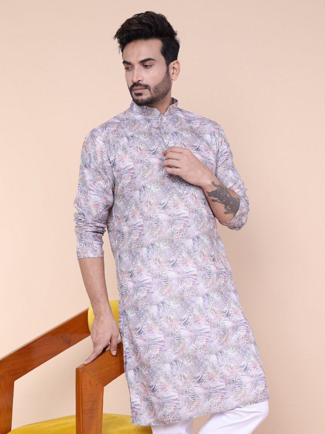 W & G Abstract Printed Mandarin Collar Cotton Straight Kurta