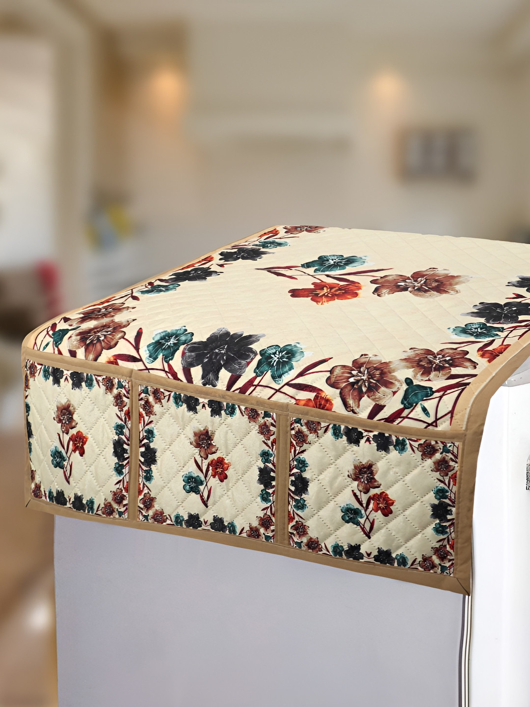 Dakshya Industries Cream-Colored & Blue Printed Refrigerator Cover