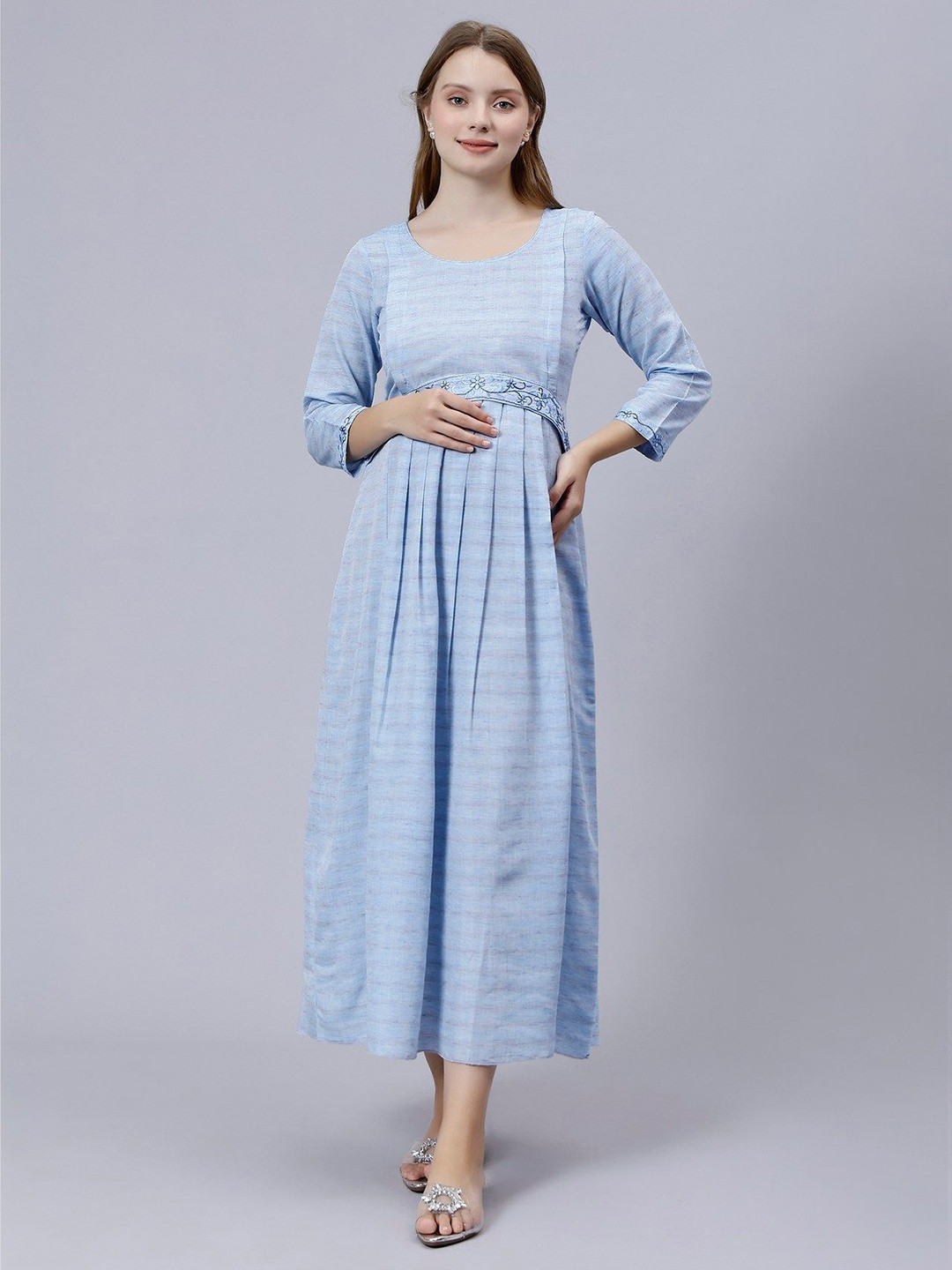MORDEN MUSE Self Design Embroidered Belt Maternity A-Line Kurta With Nursing Zippers
