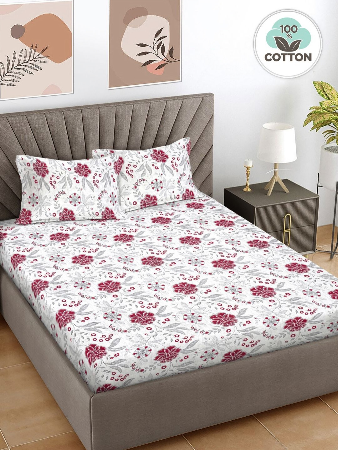 Myntra Elegant Homes Red Floral Pure Cotton Breathable 400 TC King Superfine Bedsheet with 2 Pillow Covers-98 x 89 inches