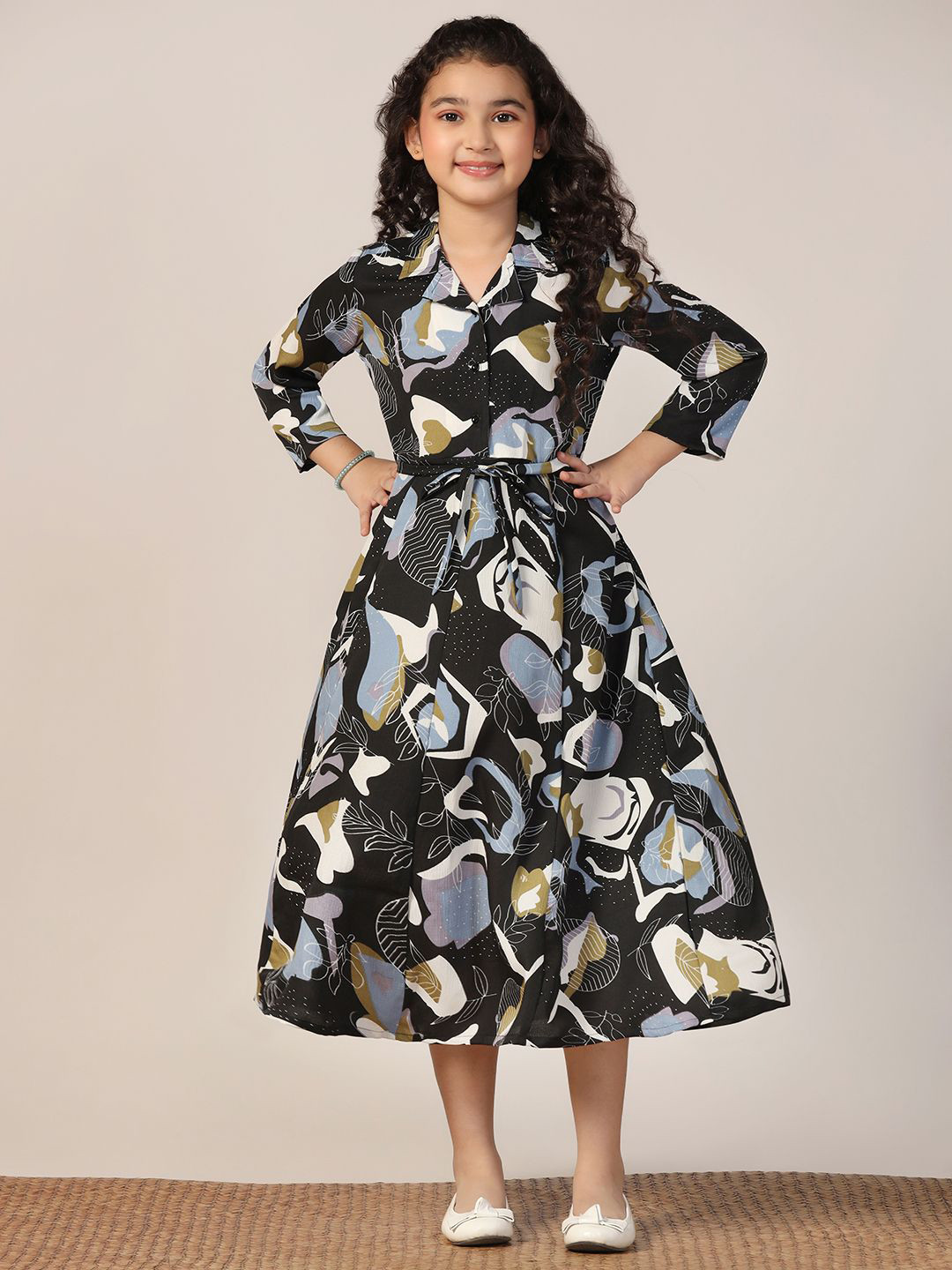 FASHION DREAM Girls Black Delta Abstract Printed Casual Calf Length Dress