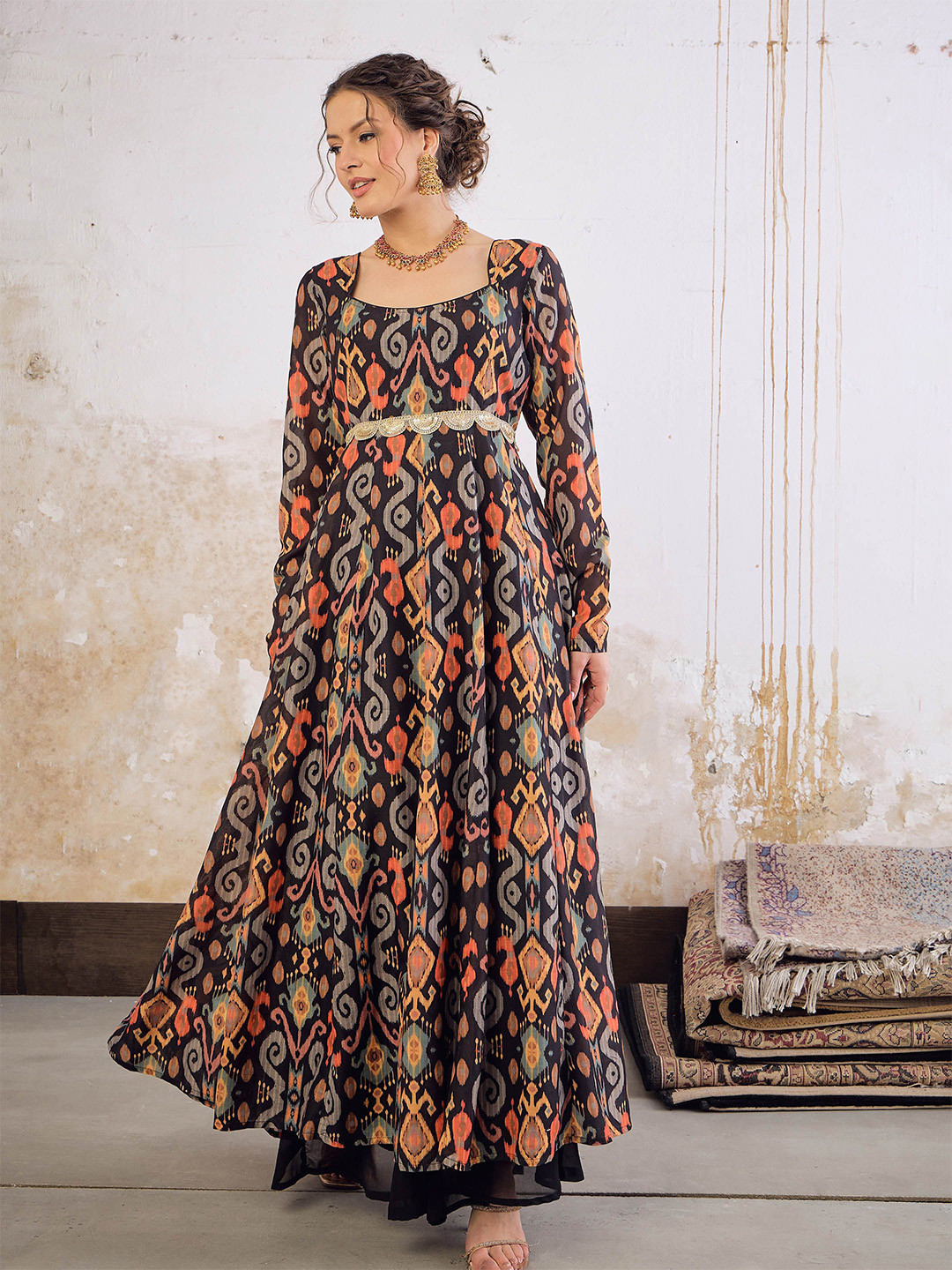 Shae by SASSAFRAS Ethnic Motifs Printed Square Neck Empire Sequinned Ikkat Anarkali Kurta