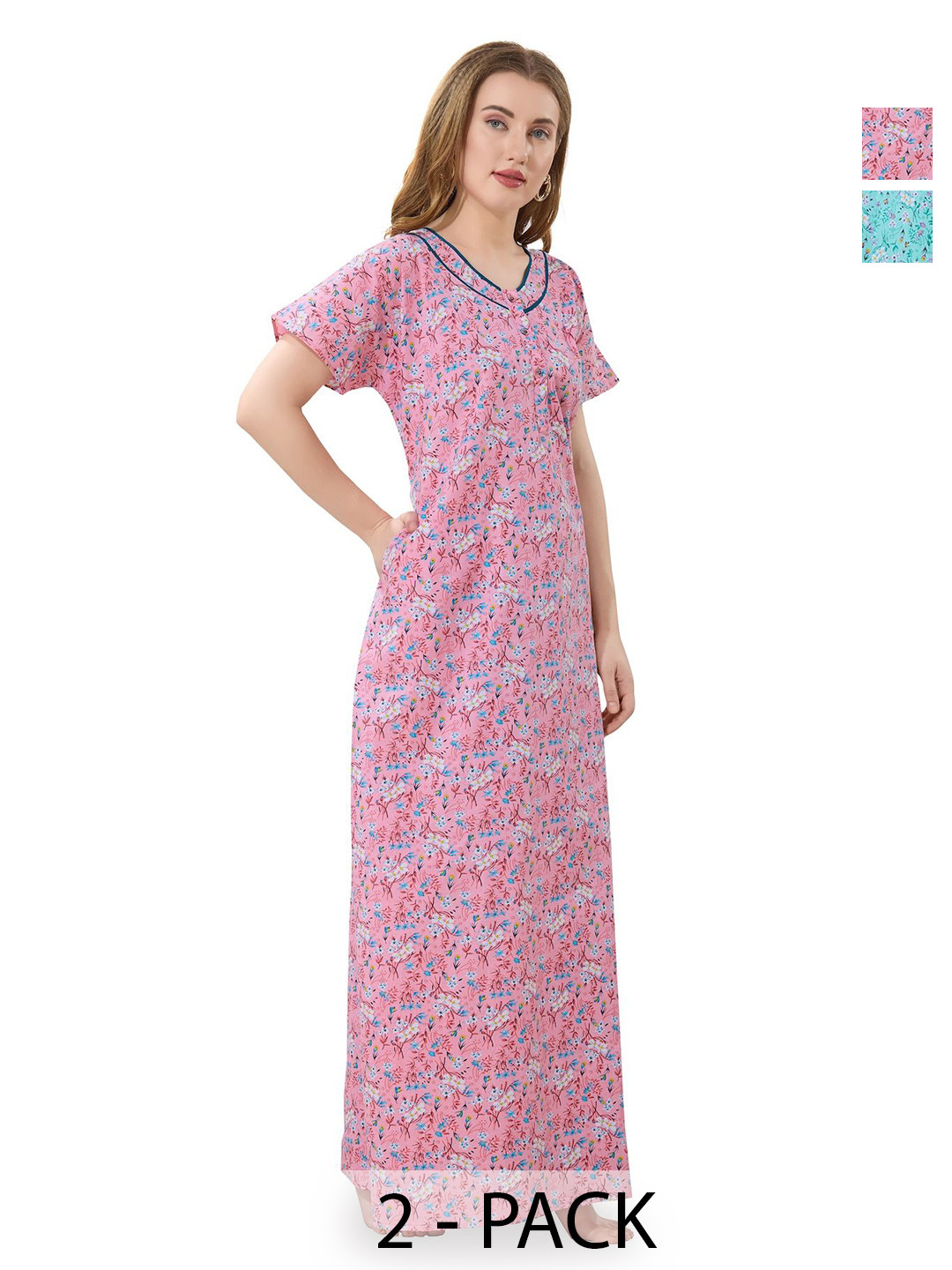 Piu Women Pack Of 2 Floral Printed Front Open Maxi Nightdress
