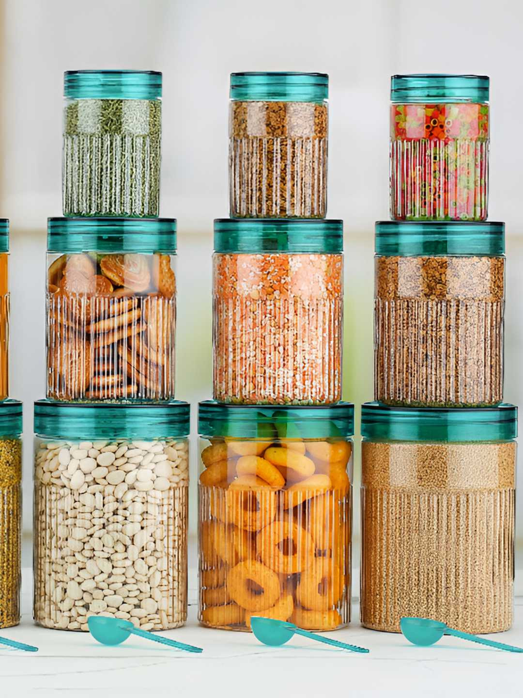 Reeq Sea Green Striped Plastic Air Tight 24 Piece Screw Top Canister