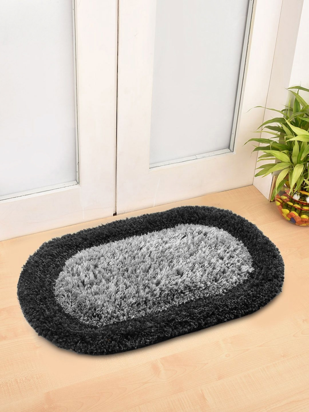 Myntra Elegant Homes Grey & Black Geometric Shaped Anti-Skid Doormat