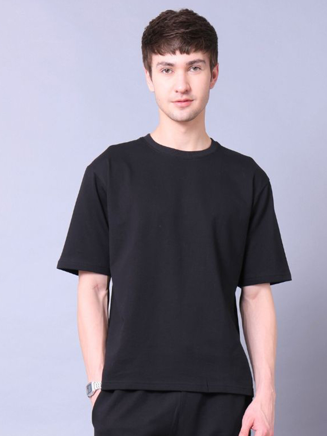 Lazy Lush Men Round Neck Solid Cotton Oversized T-Shirt