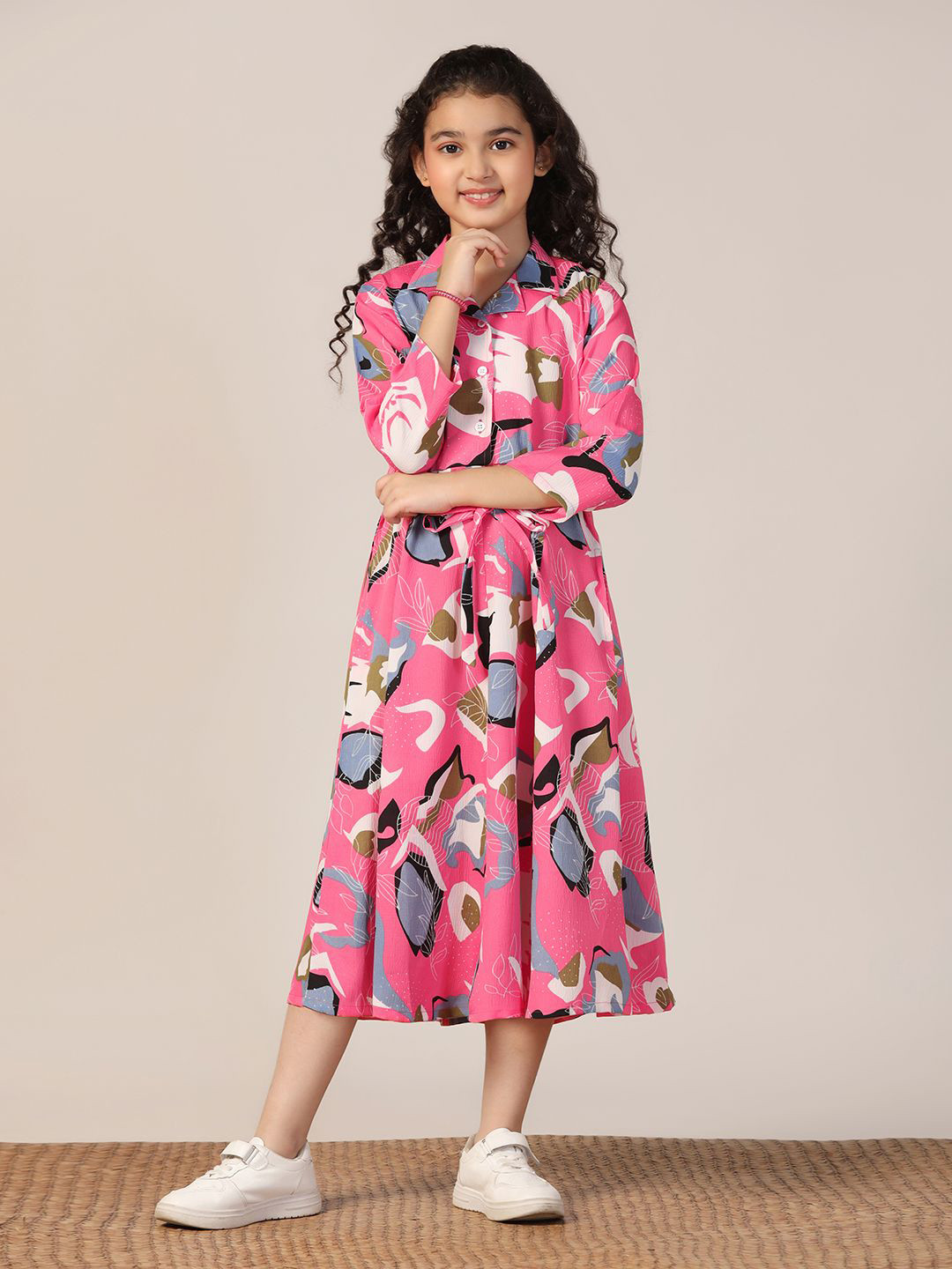 FASHION DREAM Girls Pink Delta Abstract Printed Casual Calf Length Dress