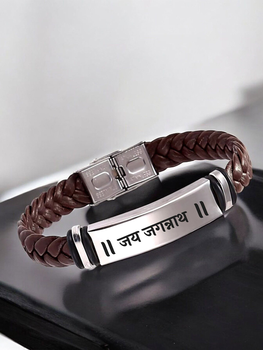 M Men Style Men Leather Silver-Plated Wraparound Swami Braided Bracelet