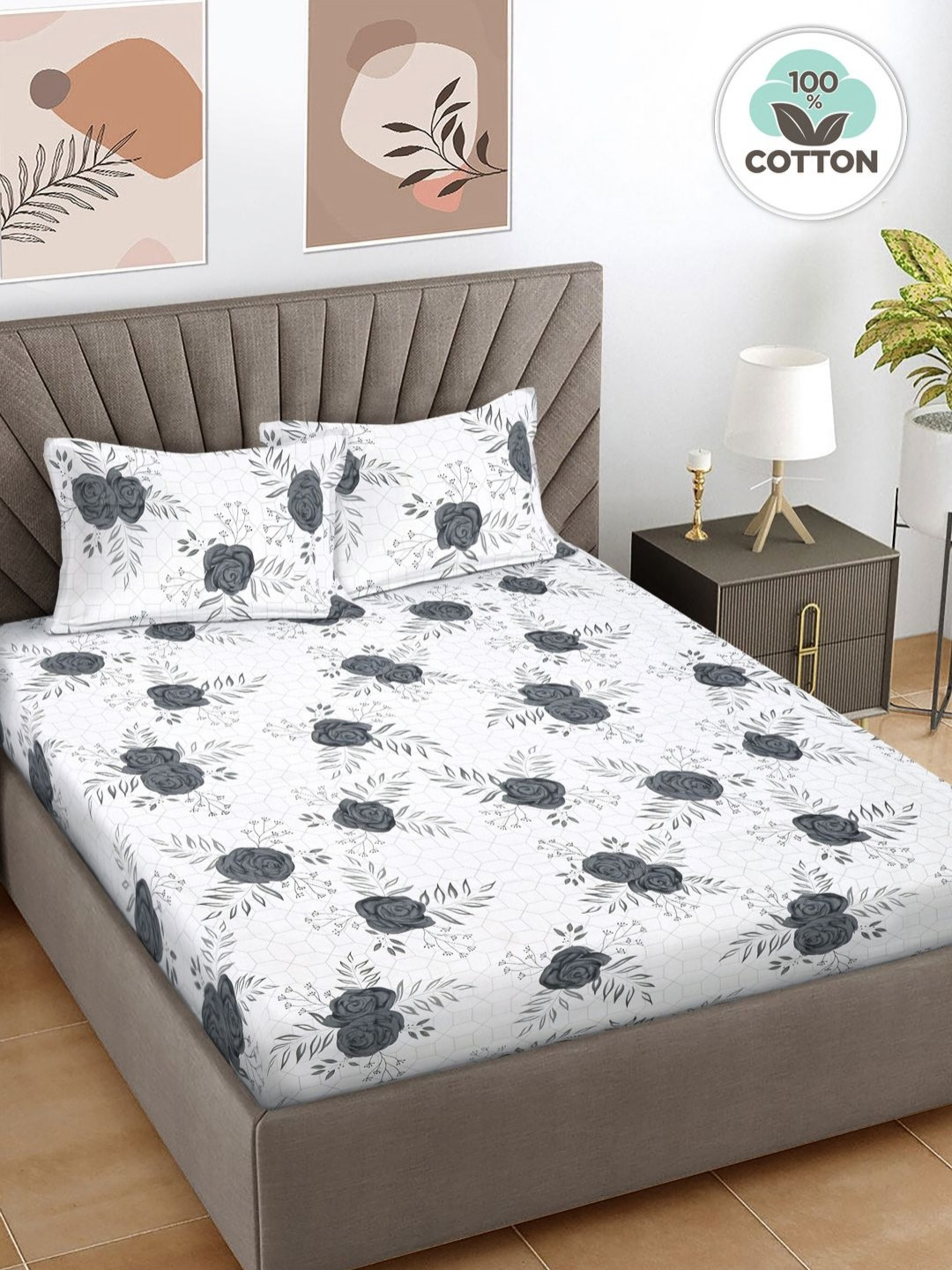 Myntra Elegant Homes Grey Floral Pure Cotton Breathable 400 TC King Superfine Bedsheet with 2 Pillow Covers-98 x 89 inches