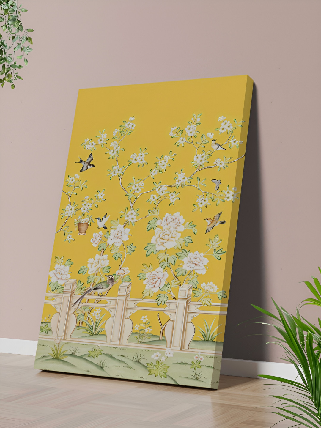SAF Yellow & Green Floral Garden With Birds Canvas Wall Painting