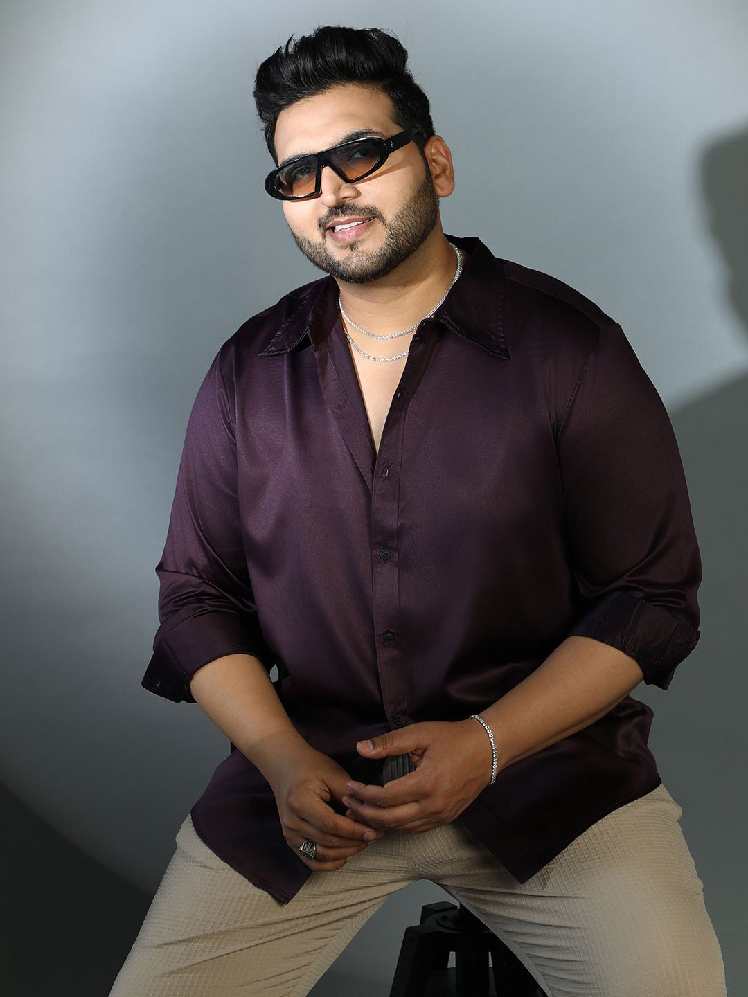 Instafab Plus Cuban Collar Comfort Grape Satin Shirt