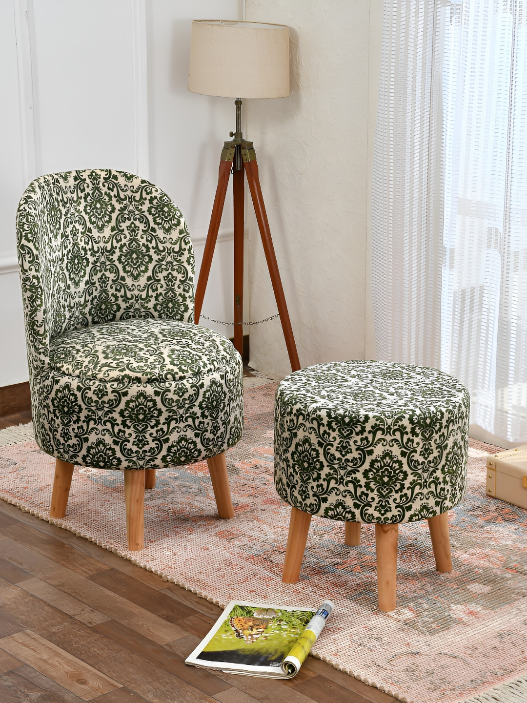 NACIA Green & Beige Printed Pouffe Footstool Ottoman