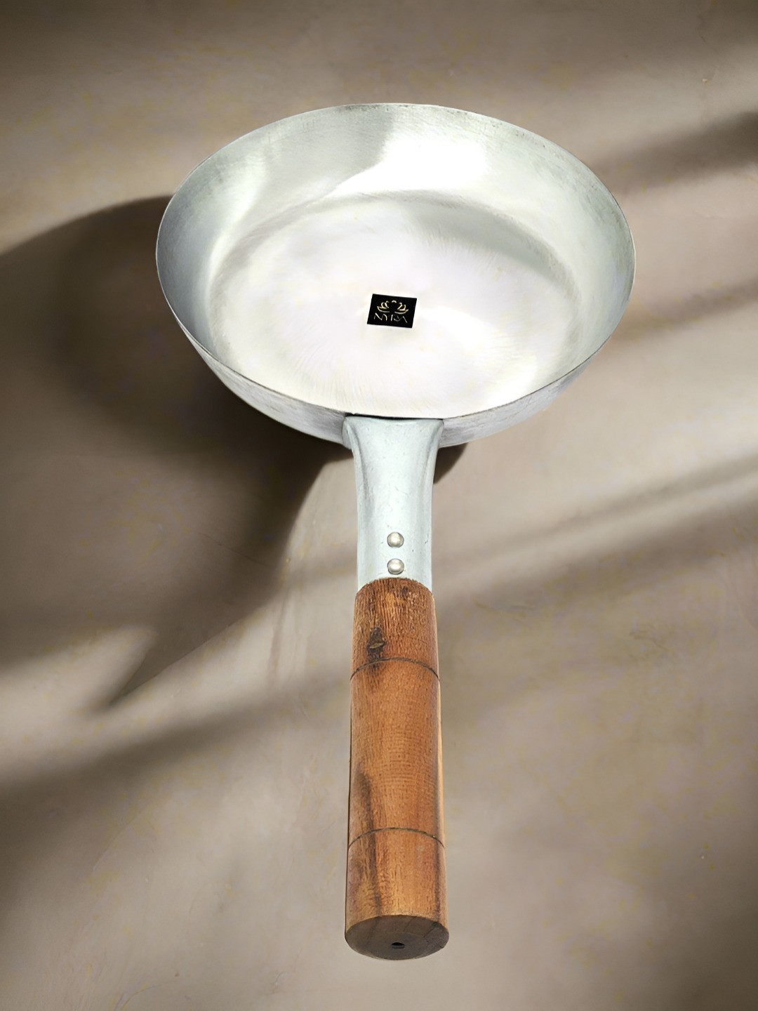 Nyra Kitchenware Silver-Toned Iron Chinese Fry Pan With Wooden Handle