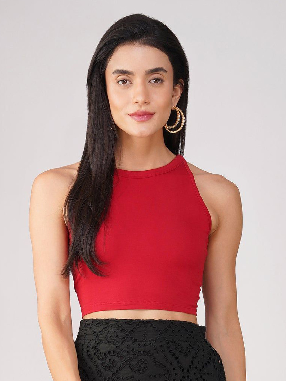 Swtantra Women's Stretchy Knitted Halter Neck Red Crop Top