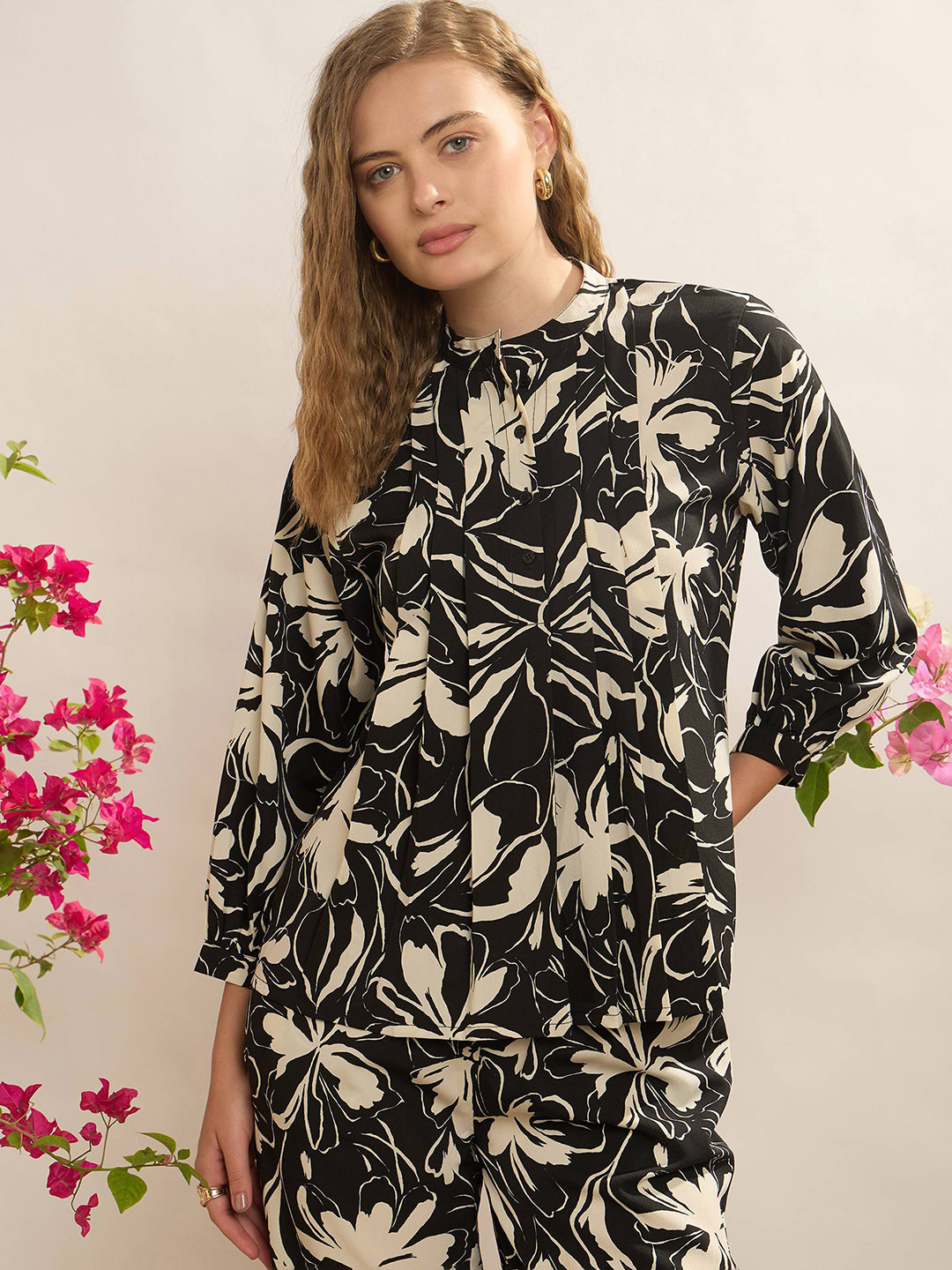 CORSICA Monochrome Floral Print Pin Tucks Detail Casual Shirt
