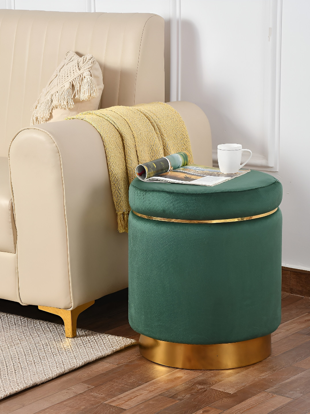 NACIA Green & Gold-Toned Textured Wooden & Velvet Pouffes Stool Ottomans