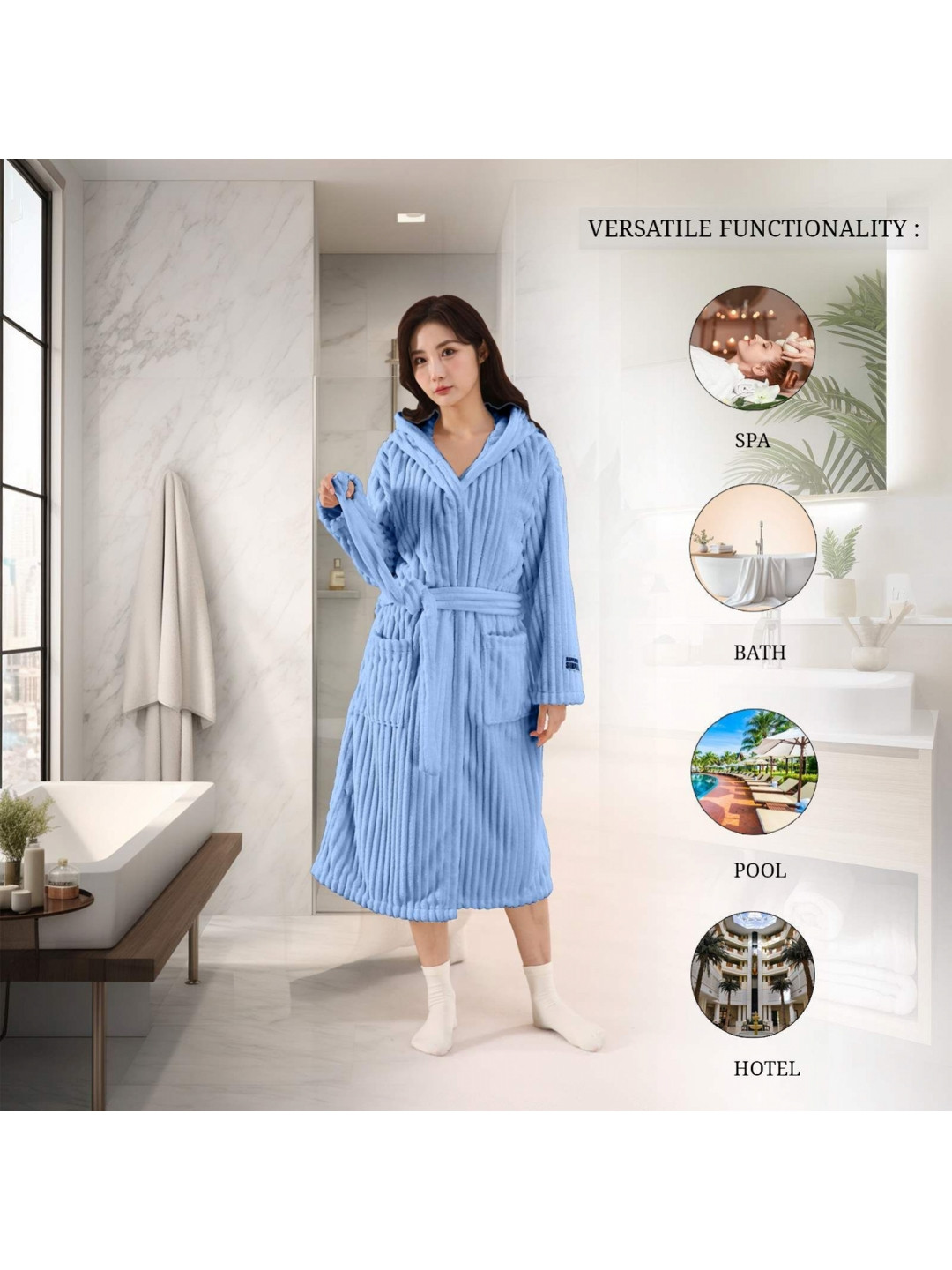 HOUSSE Blue Solid Microfibre Drawstring Midi Bath Robe-L