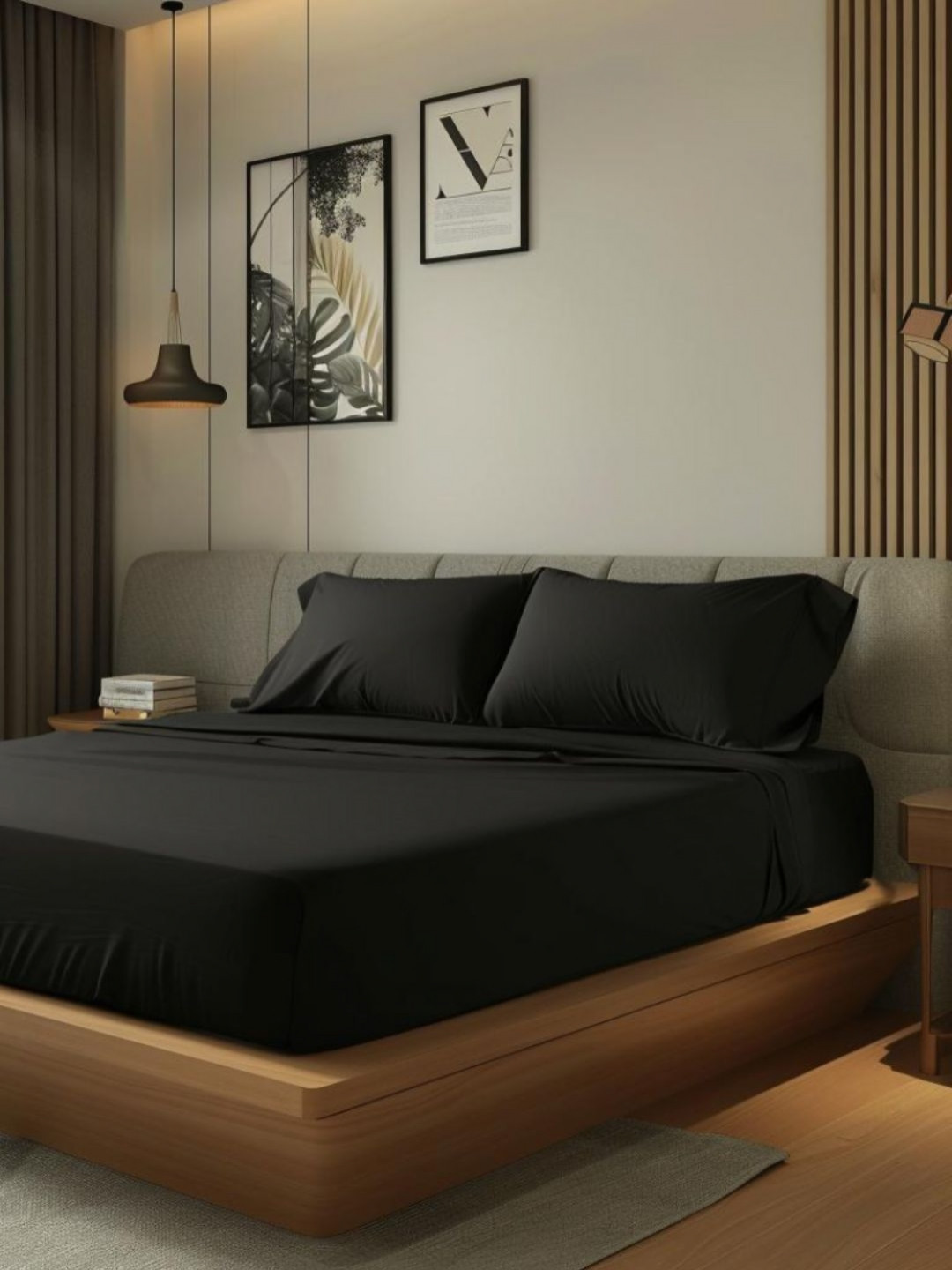 COOLBEDS Black Solid Satin 400 TC Fitted King Superfine Bedsheet with 2 Pillow Covers-182 x 203 cm