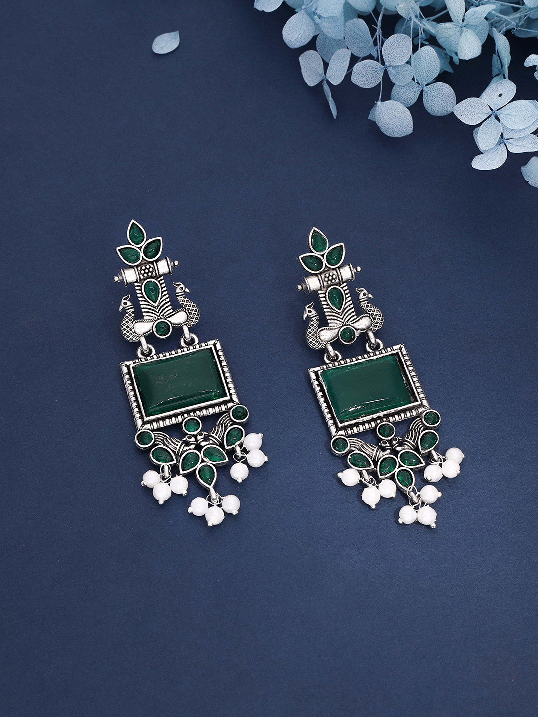 Brado Jewellery Stones Studded and Pearls Beaded Square Shaped Oxidised Drop Earrings