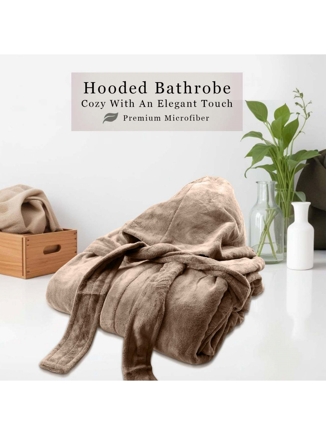 HOUSSE Rustic Beige Solid Microfibre Drawstring Midi Bath Robe-L