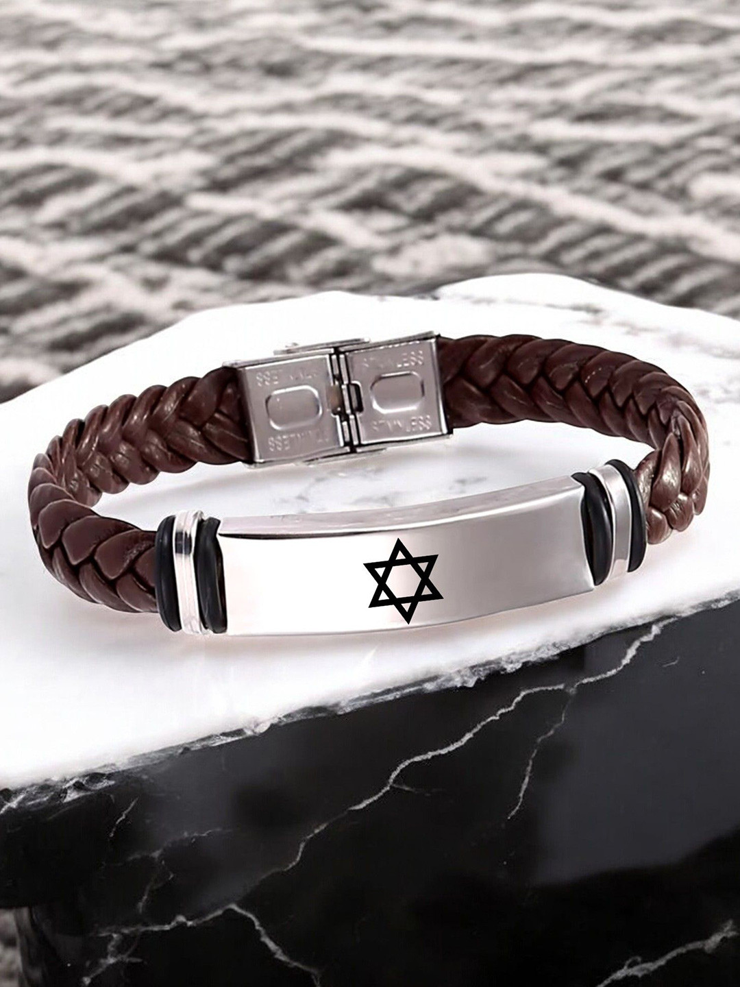 M Men Style Men Silver-Plated Devid Star Leather Wraparound Bracelet