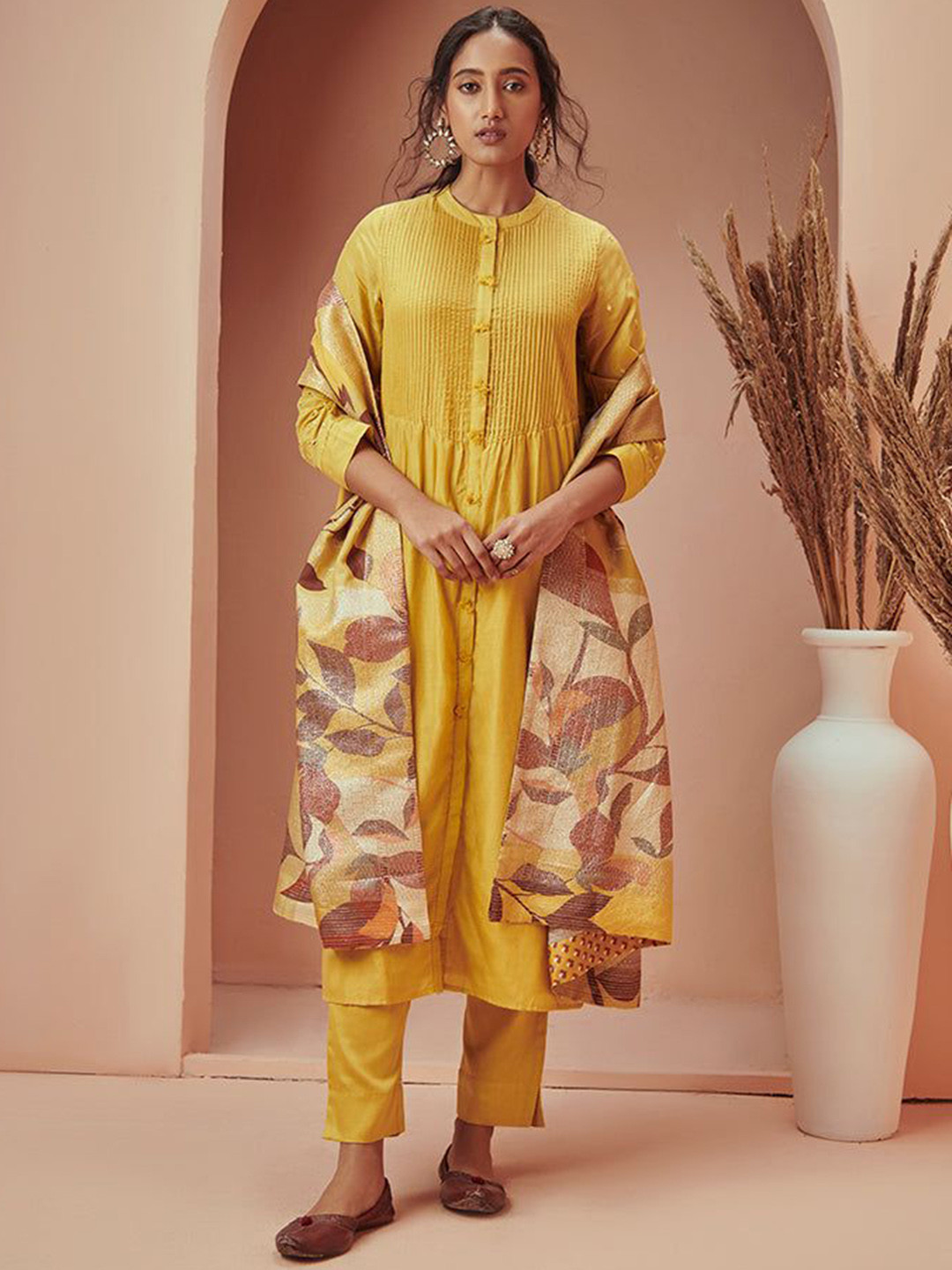 SAUNDH Azeez Mandarin Collar Pleated Organza A-Line Kurta With Trousers & Dupatta