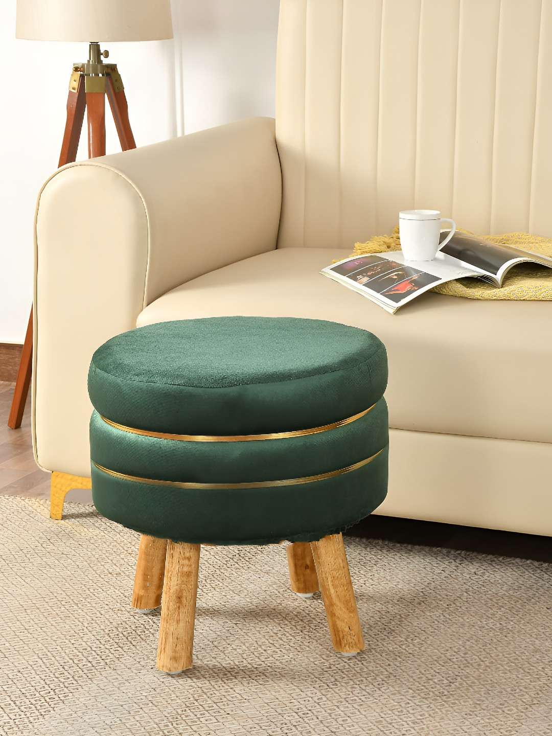 NACIA Green Round Shape Wooden Ottoman Pouffes Stool