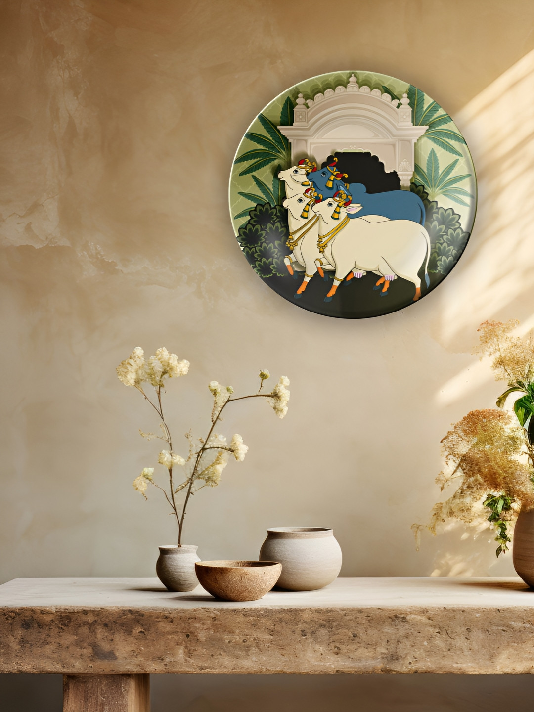 THE QUIRKY HOME Sacred Cows in Pichwai Crafted Ceramics Matte Hanging Hall Wall Plates-8In