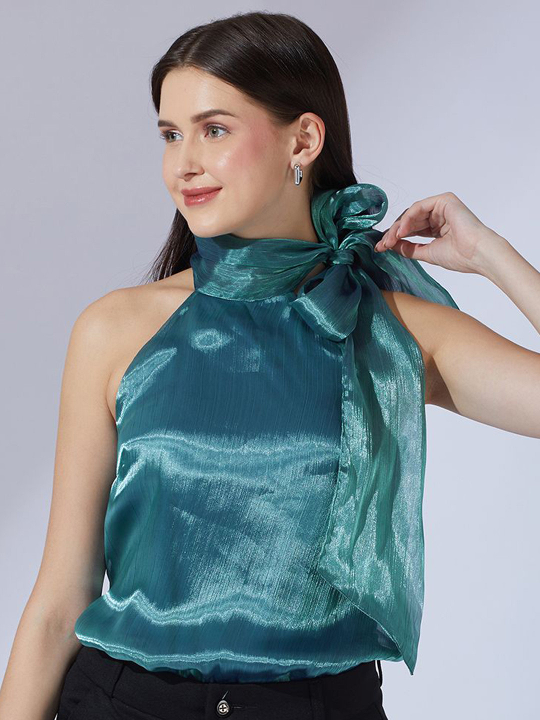 Globus Halter Neck With Bow Tie-Up Organza Party Top