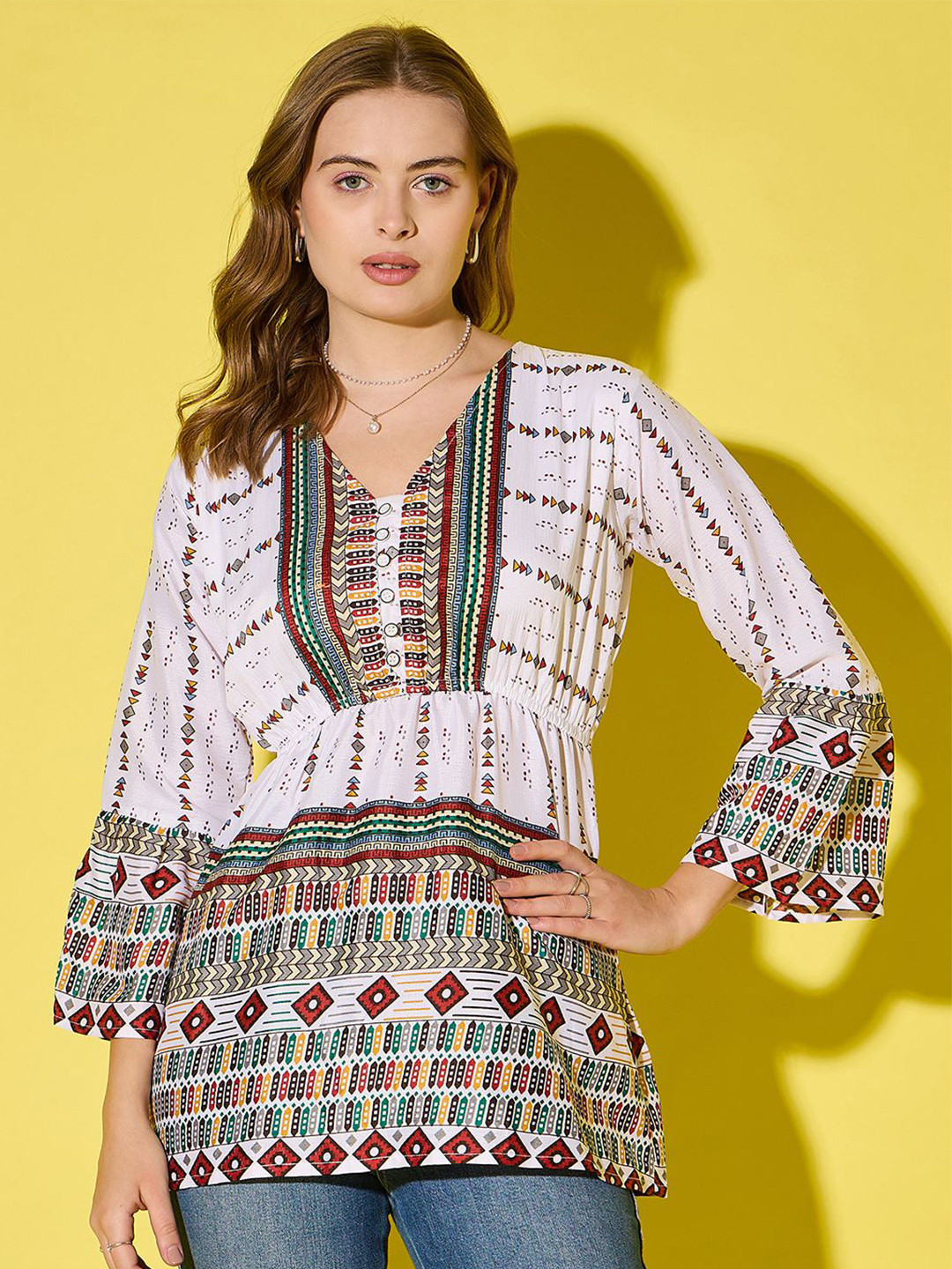 BUY NEW TREND Tribal Print Flared Sleeve Crepe Shirt Style Longline Top