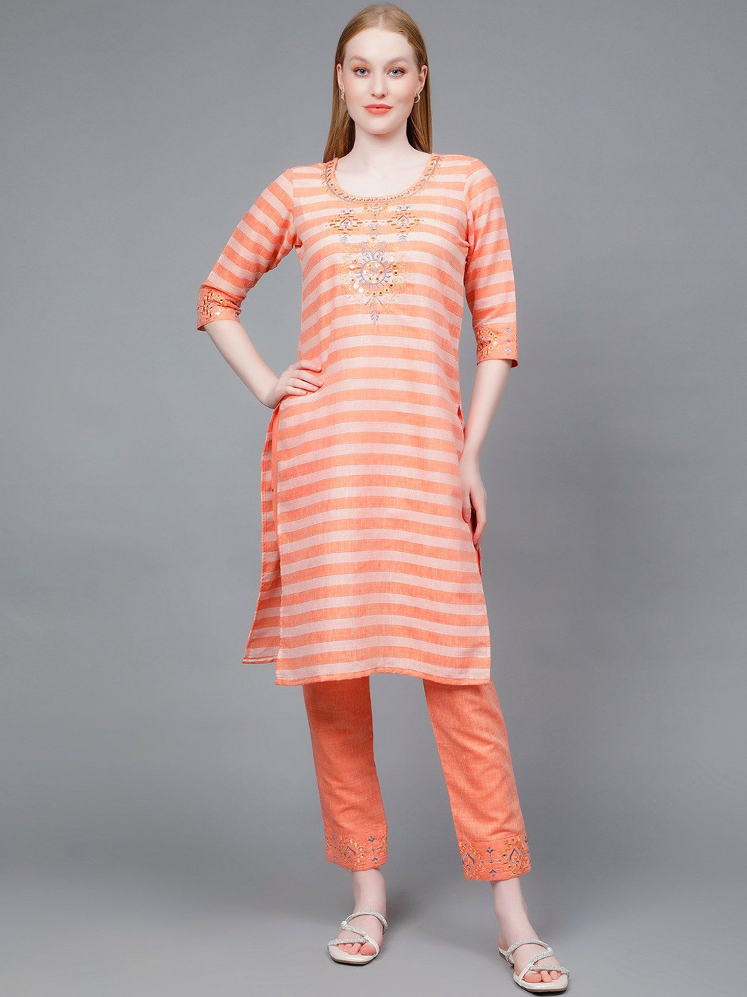 MORDEN MUSE Ethnic Motifs Embroidered Mirror Work Straight Kurta with Trouser