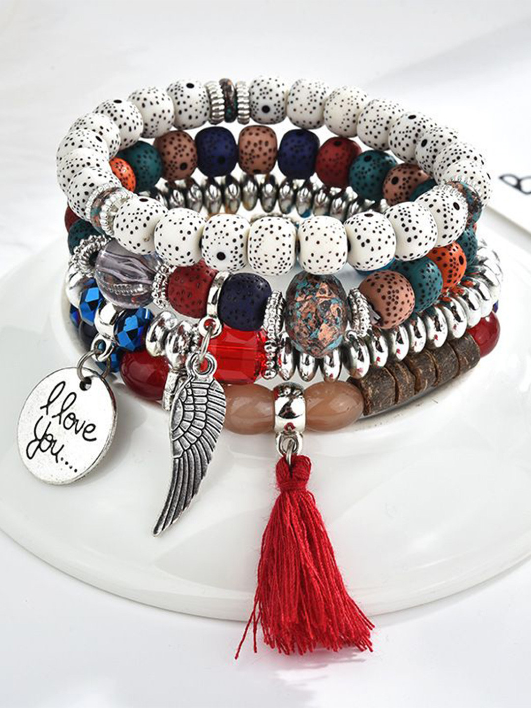 DIVASTRI Set of 4 Silver-Plated Beaded Elasticated Bracelets
