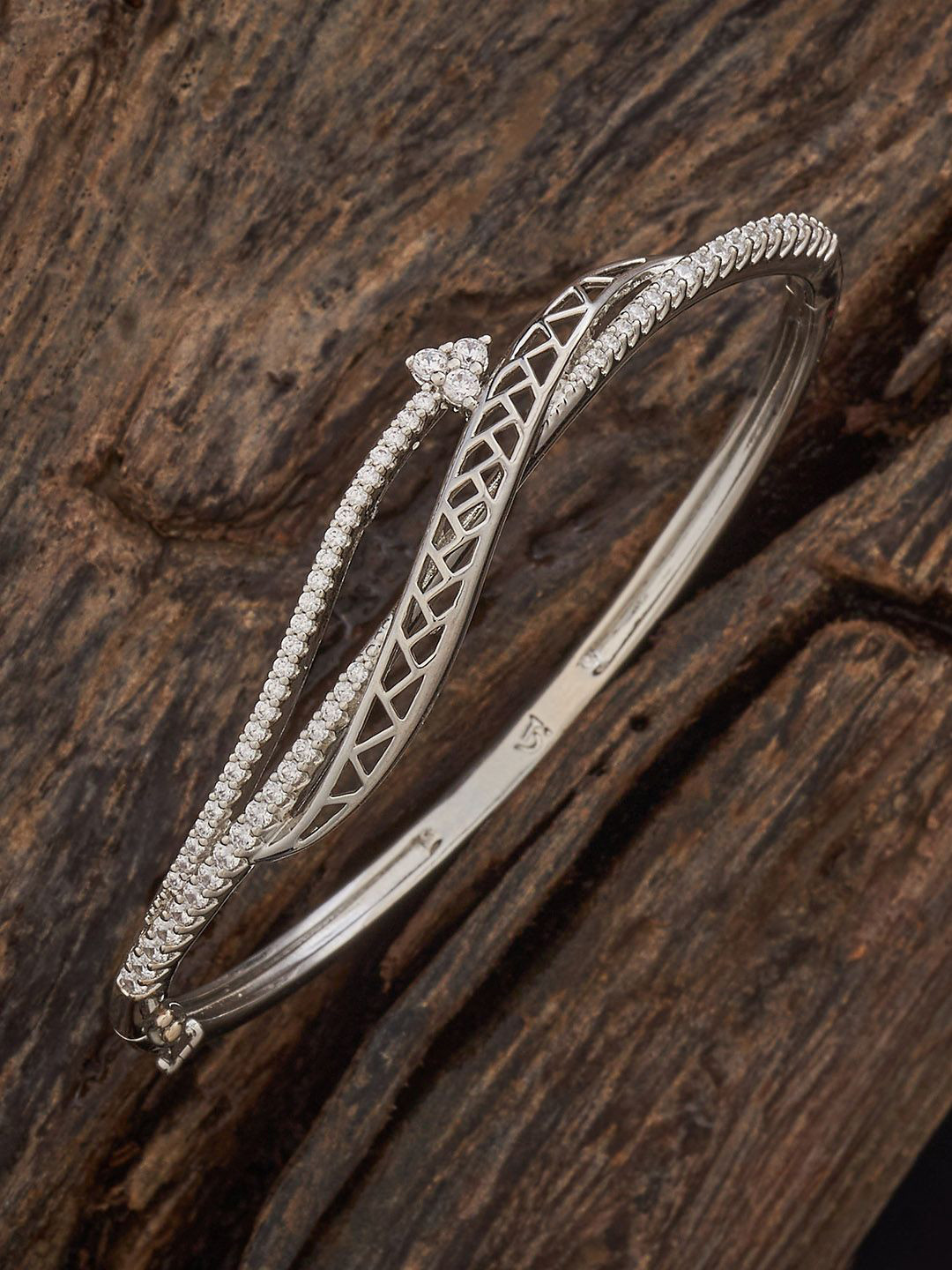 Kushal's Fashion Jewellery White Rhodium-Plated Party Zircon Studded Bangle-Style Bracelet