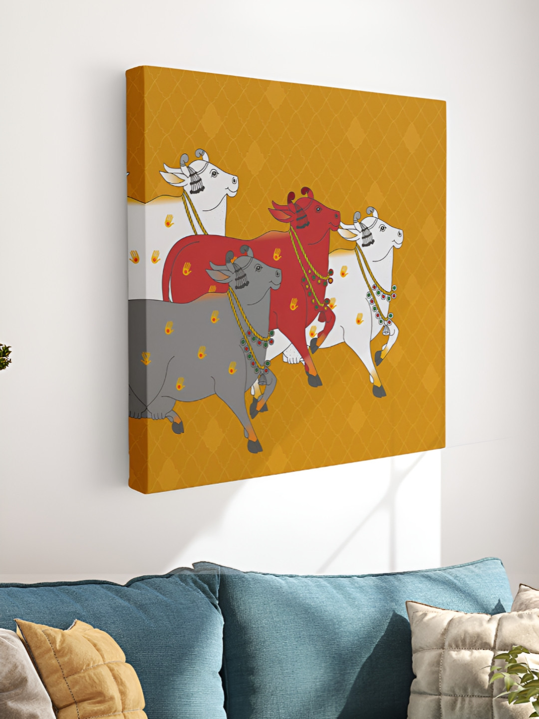 Myntra Elegant Homes Mustard & White Pichwai Cow Canvas Wall Art