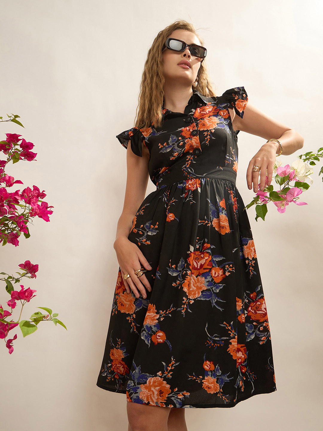 CORSICA Floral Print Ruffled Shirt Dress
