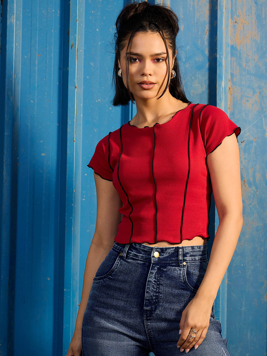 CORSICA Paneled Contrast Stitch Ribbed Crop Top