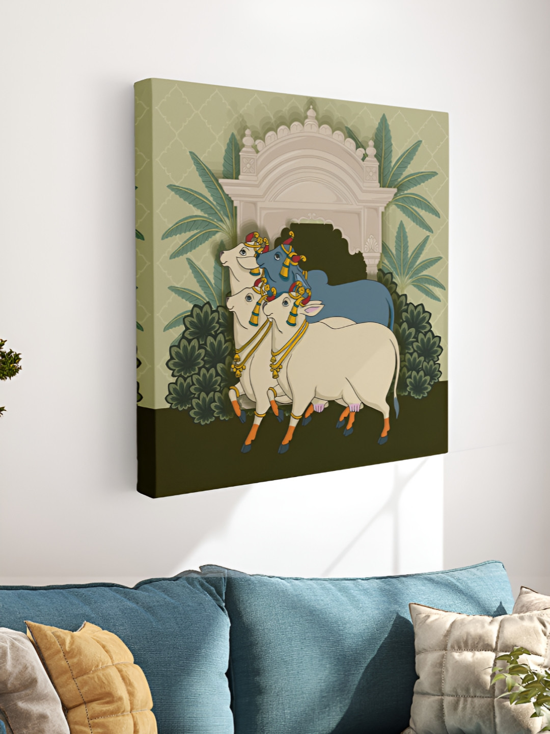 Myntra Elegant Homes Green & Blue Pichwai Cow Canvas Birds and Animals Wall Art