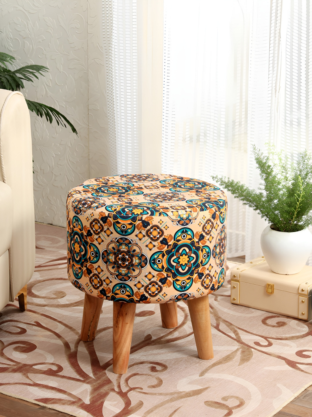 NACIA Yellow & Blue Ethnic Motifs Printed Round Shape Ottoman Pouffes Stool