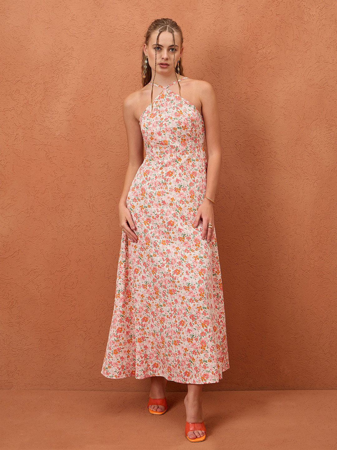 CORSICA Cross Halter Neck Printed Maxi A-Dress