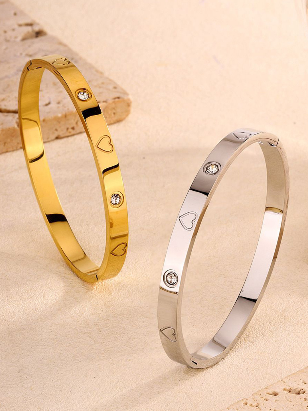 DIVASTRI Unisex Set of 2 Stainless Steel Stone Studded 18KT Gold-Plated Kada Bracelets