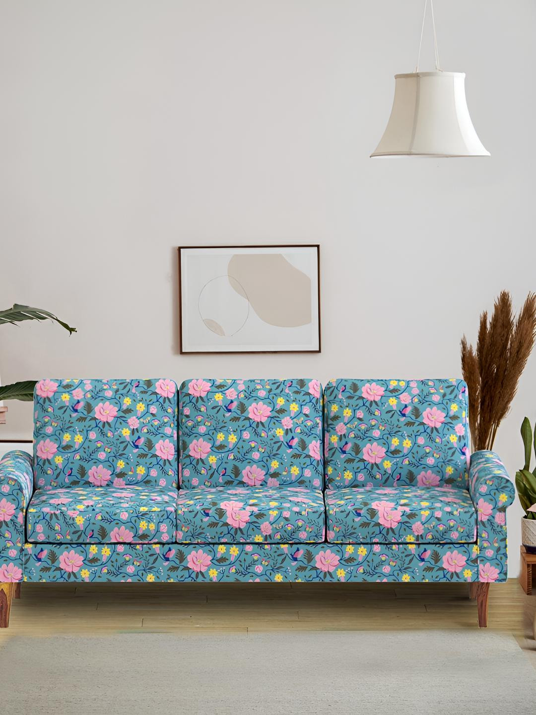 Chumbak Teal & Pink Printed Colonial Couch 3 Seater Spring Bloom