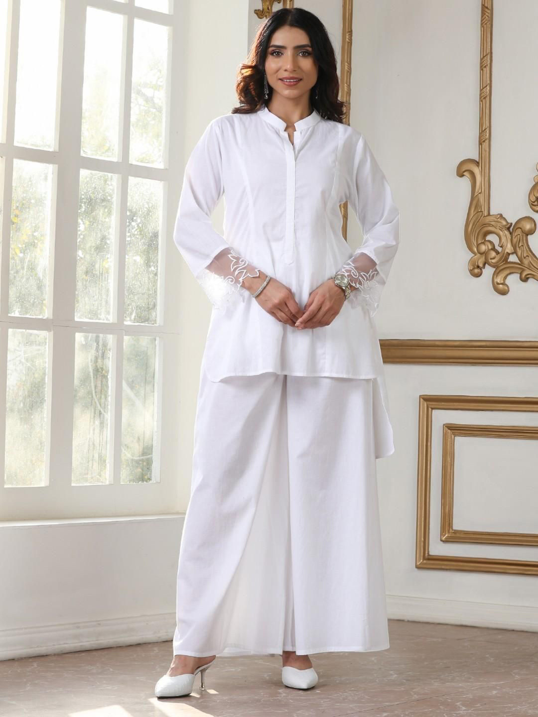 Swtantra Women 2Pc White suit set with net Detaling