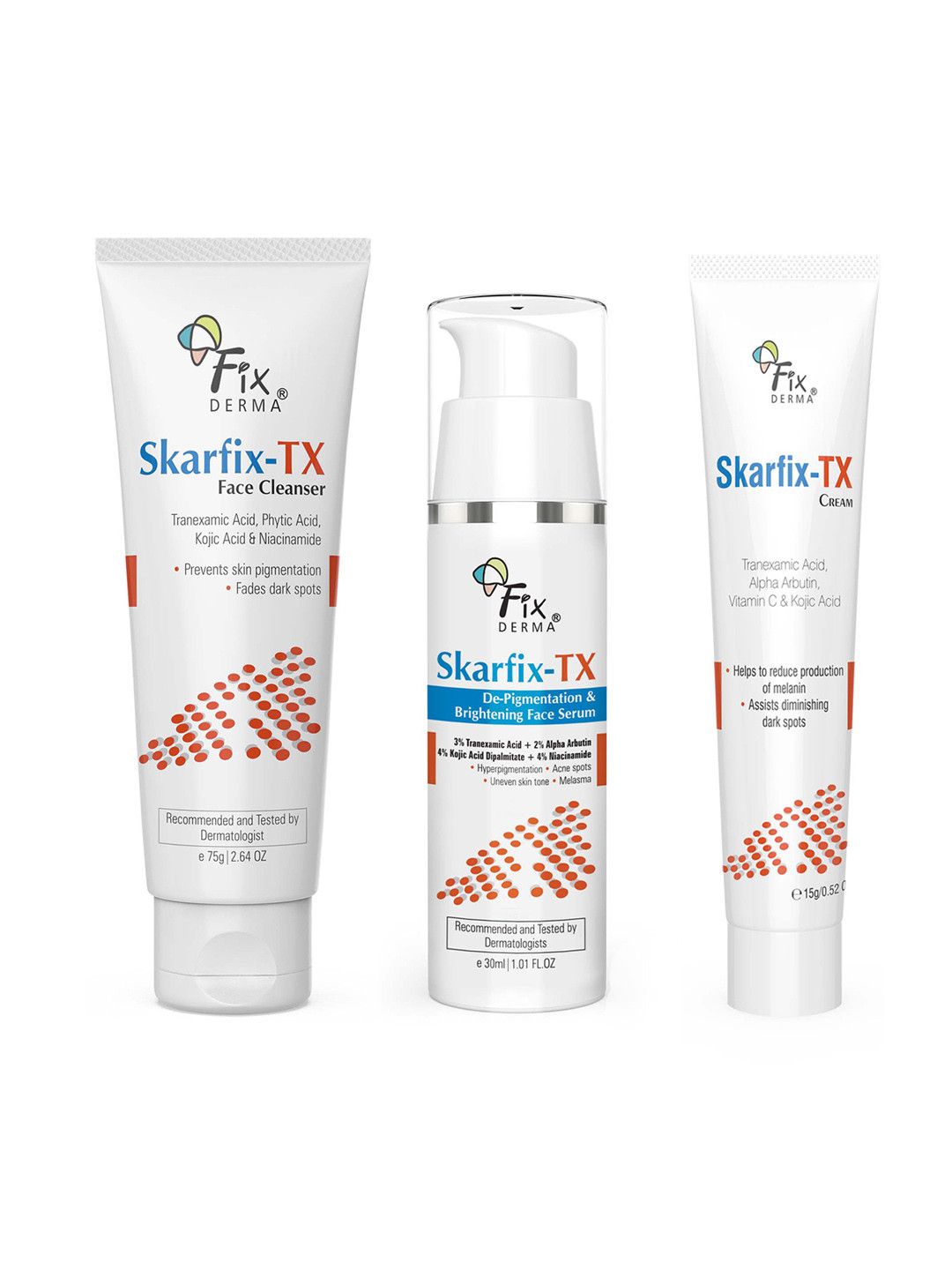 FIXDERMA Skarfix-TX Skin Care Combo - Face Cream 15g + Face Cleanser 75g + Face Serum 30ml