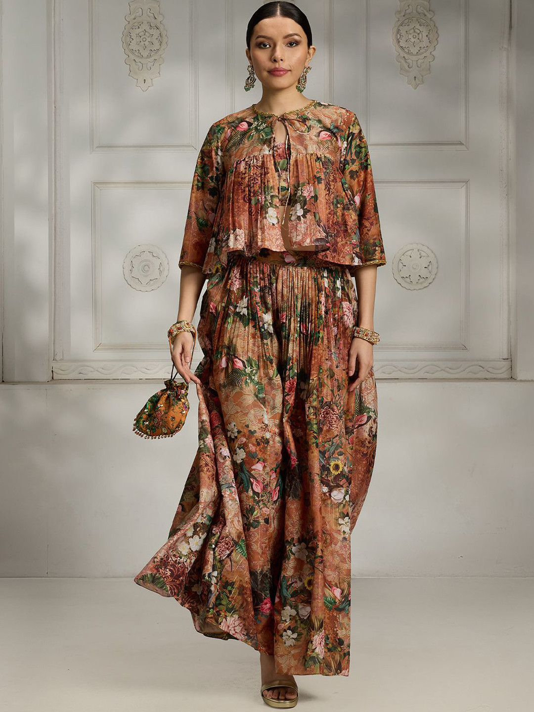 Rivaar By Rocky Star Floral Printed Sleeveless Top With Cape & Skirt