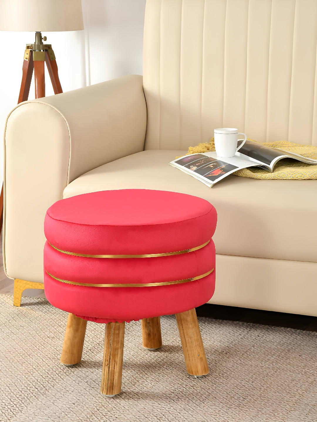 NACIA Pink & Gold-Toned Textured Wooden & Velvet Pouffes Stool Ottomans