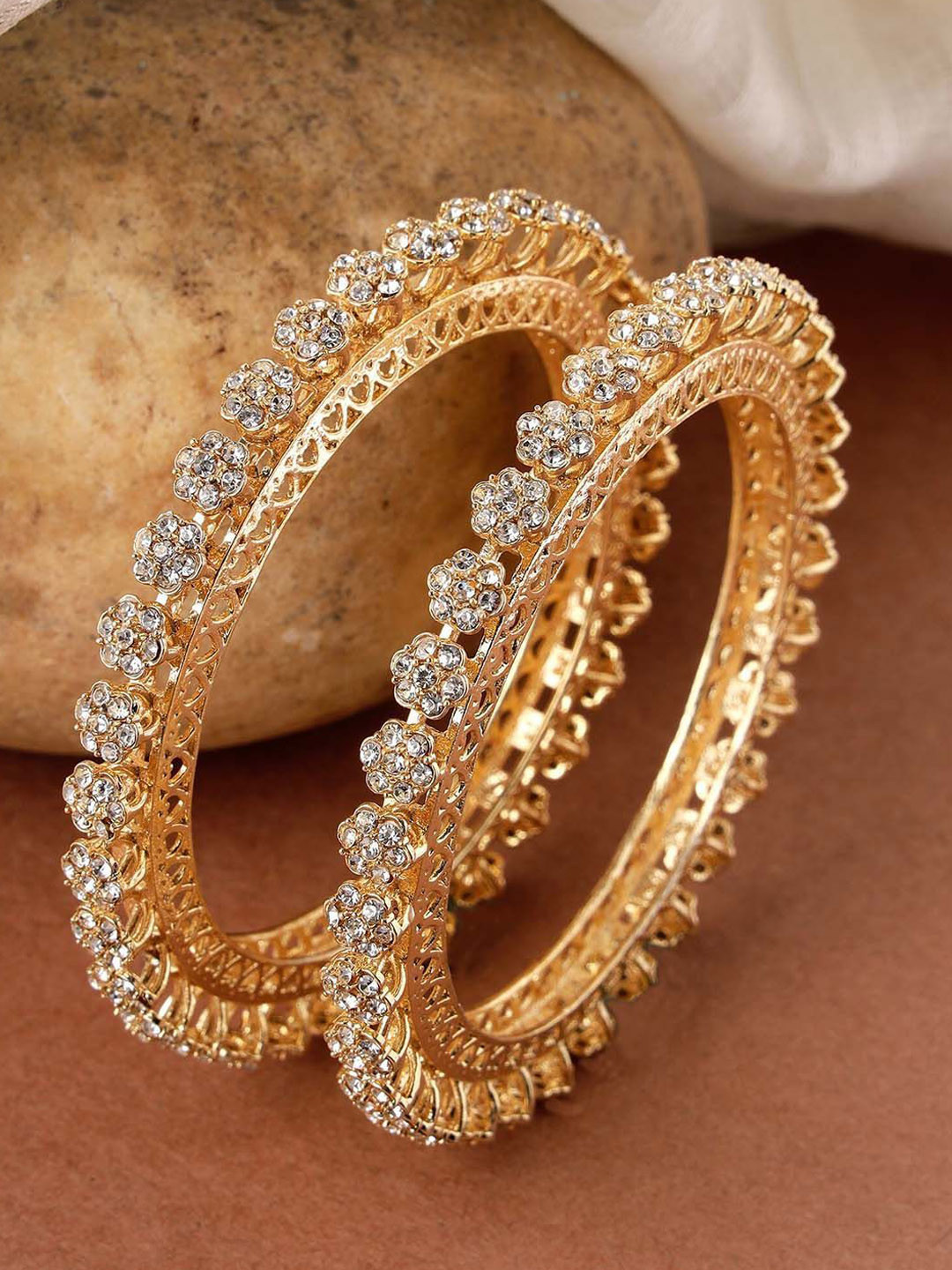 T4 JEWELS Set Of 2 Gold-Plated American Diamond-Studded Bangles